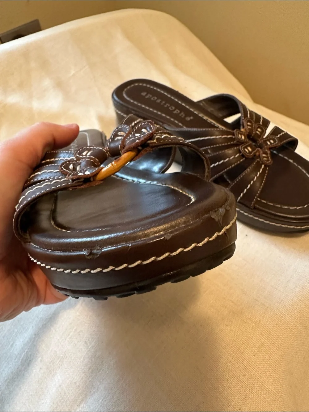Y2K Apostrophe Sonya Brown Leather Wedge Slide Sandals 7 Boho 90s Chunky Grunge